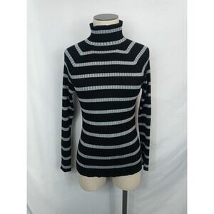Focus 2000 Sweater Size M – Black Gray Stripe Turtleneck Ribbed‎ Knit Top